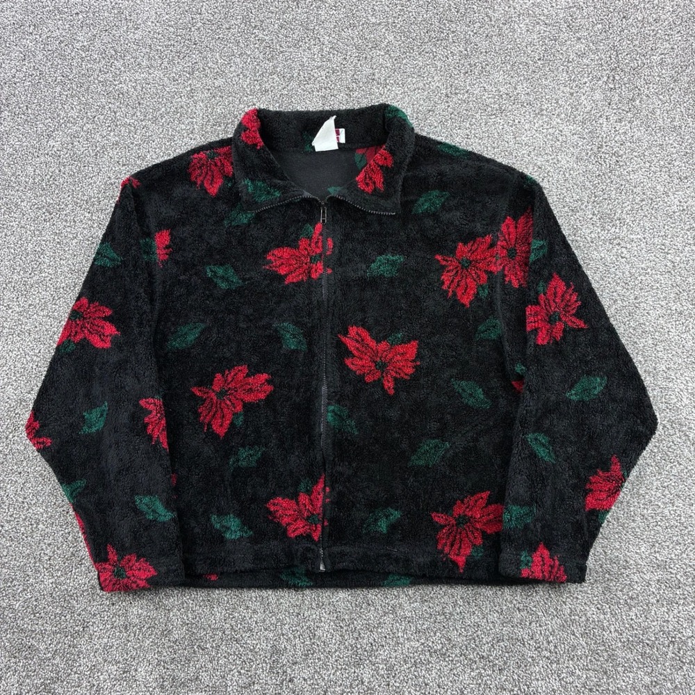 Vintage PBJ Sport Fleece Jacket‎ Women's Large Black Full Zip Floral Poinsettia